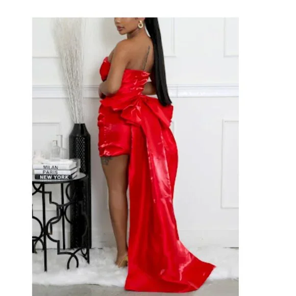 mini dress with bow train Duchess Satin Mini Dress with Taffeta Train Amsale
